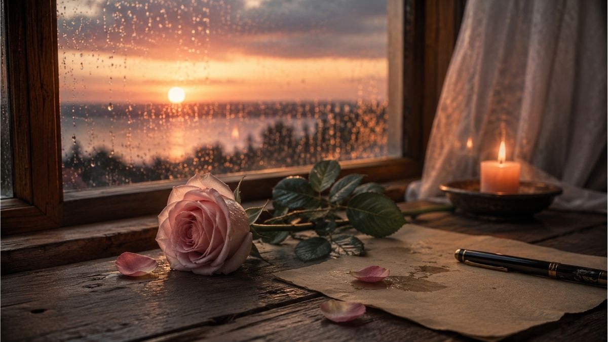 Pink rose, fountain pen, and candle beside a rain-covered window at sunset, symbolizing love, forgiveness, and regret