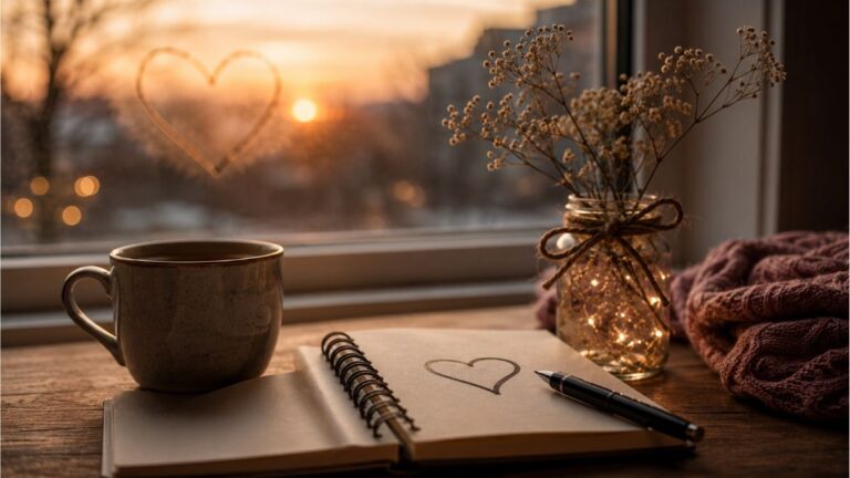 Open notebook with a heart sketch beside a coffee mug and flowers at sunset symbolizing a secret crush