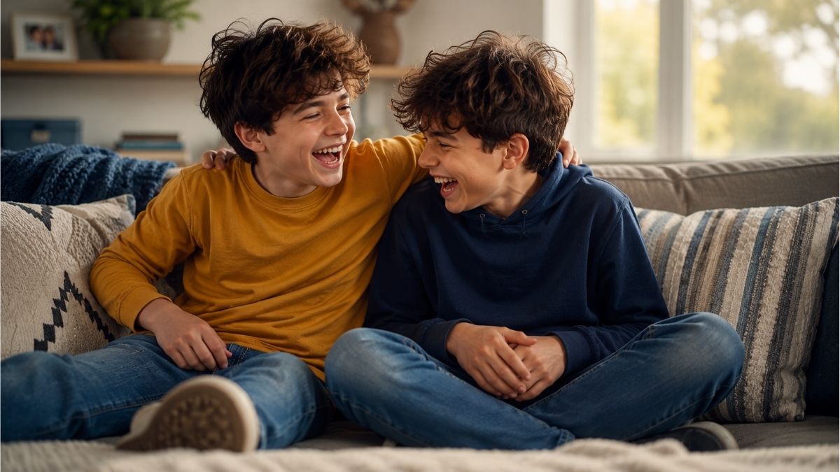 Two brothers laughing together on a cozy living room sofa in a warm family setting