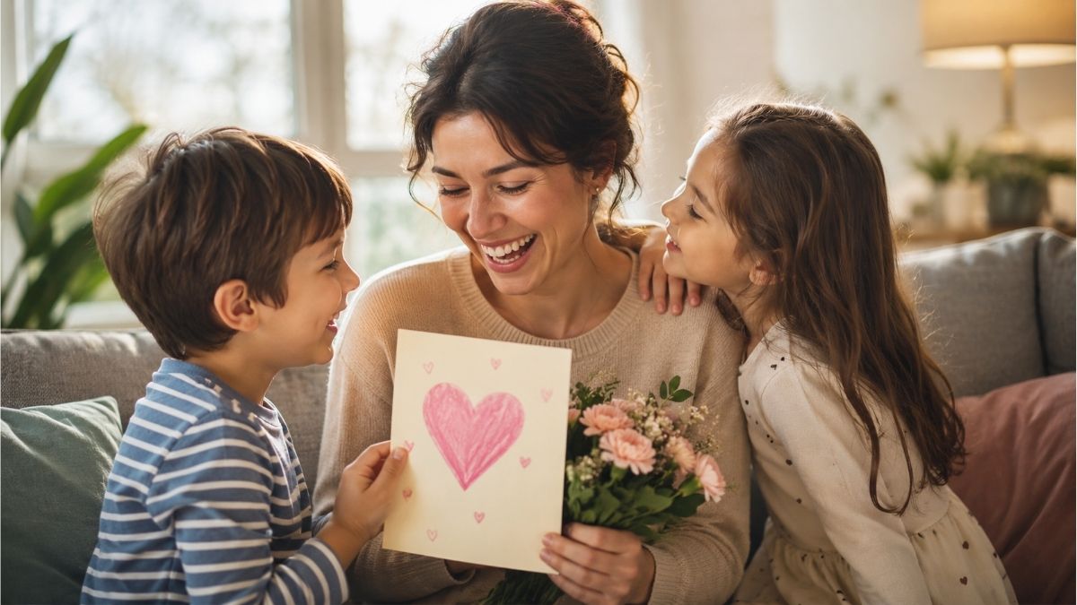 Smiling mother laughing with her children as they give handmade card and flowers on Mother’s Day