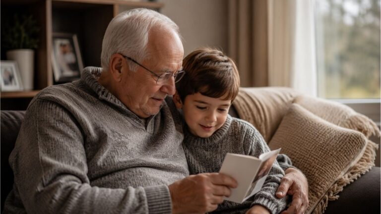 Grandfather and young grandchild reading a greeting card together in a cozy family living room