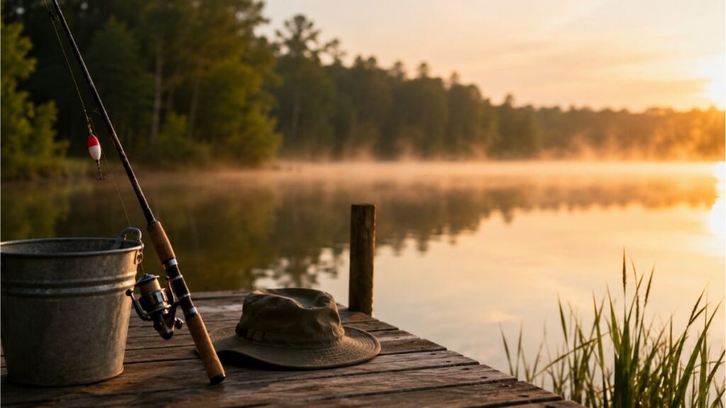 Fishing rod and tackle resting on a wooden dock beside a calm lake at sunrise for short fishing poems