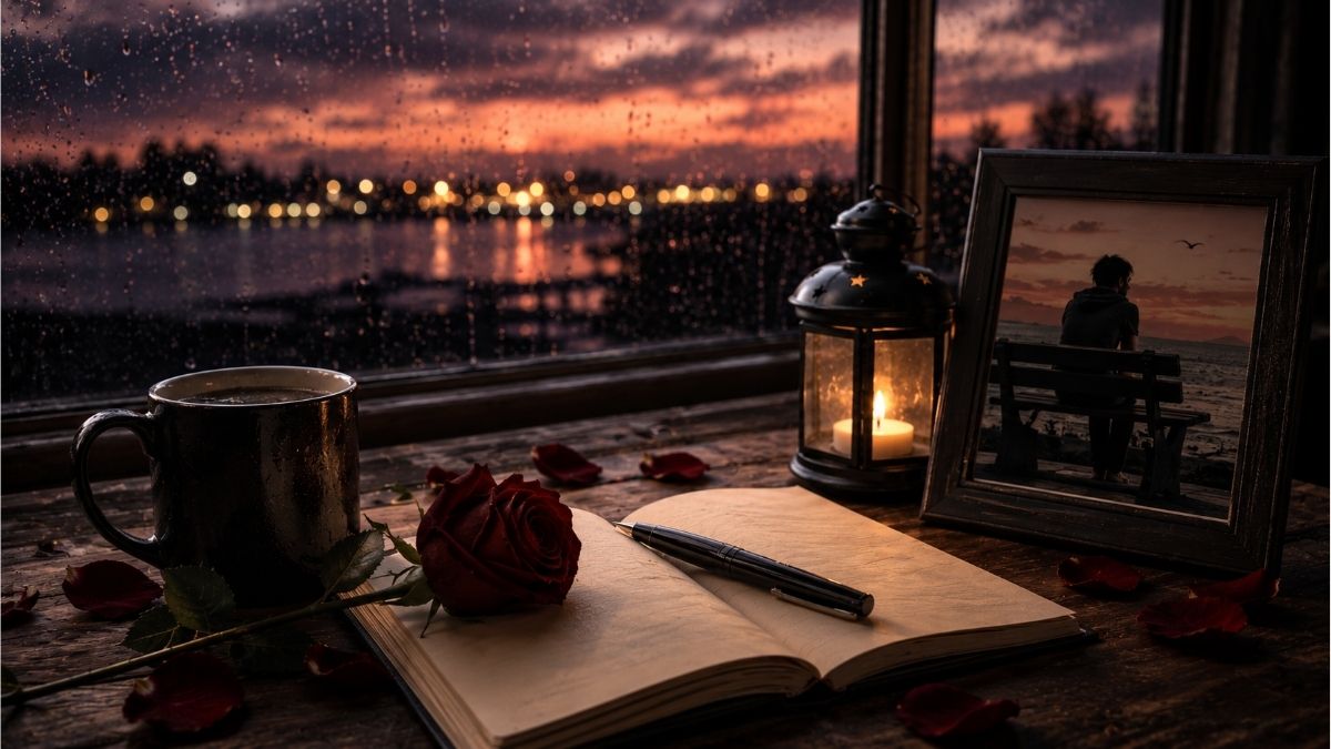 Rainy window, red rose, open notebook, candle lantern, and a solitary figure reflecting deep heartbreak and lost love