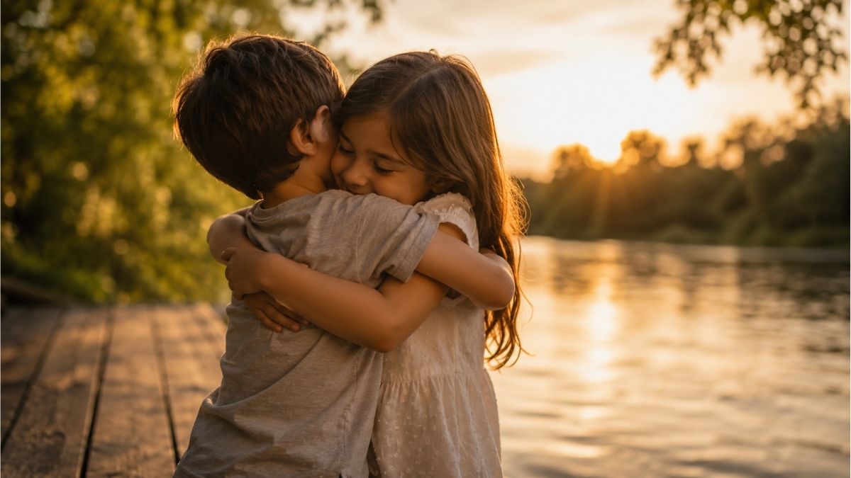 Brother and sister sharing a warm hug beside a peaceful lake during golden hour for a special moment
