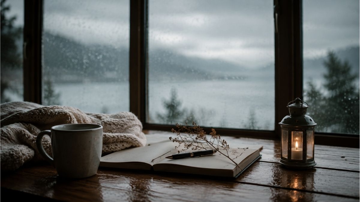 Open journal, warm candle, and coffee beside a rainy window symbolizing thinking of someone you miss