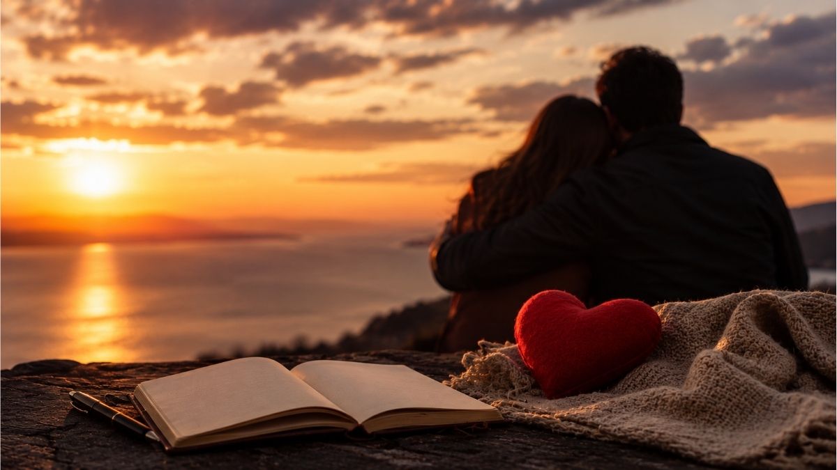 Couple embracing at sunset beside an open notebook and heart cushion symbolizing unconditional love in poetry