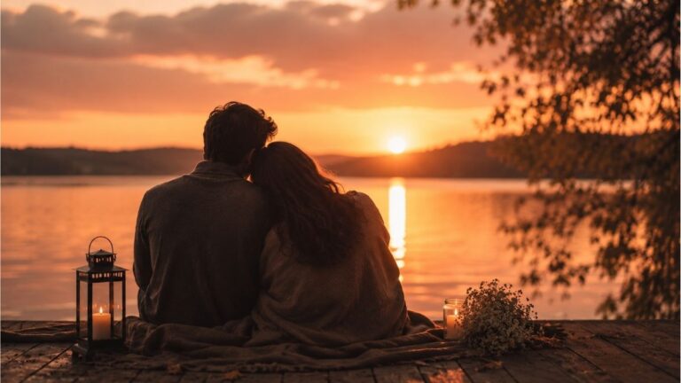 Couple embracing by a peaceful lakeside at sunset, symbolizing deep and forever soulmate love connection