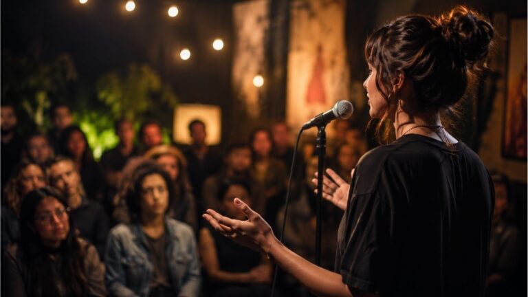 Poet performing spoken word poetry on stage with a microphone before an attentive audience