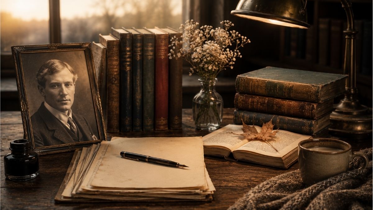 Vintage writing desk with classic books, an author portrait, and an open book for Strickland Gillilan poems analysis