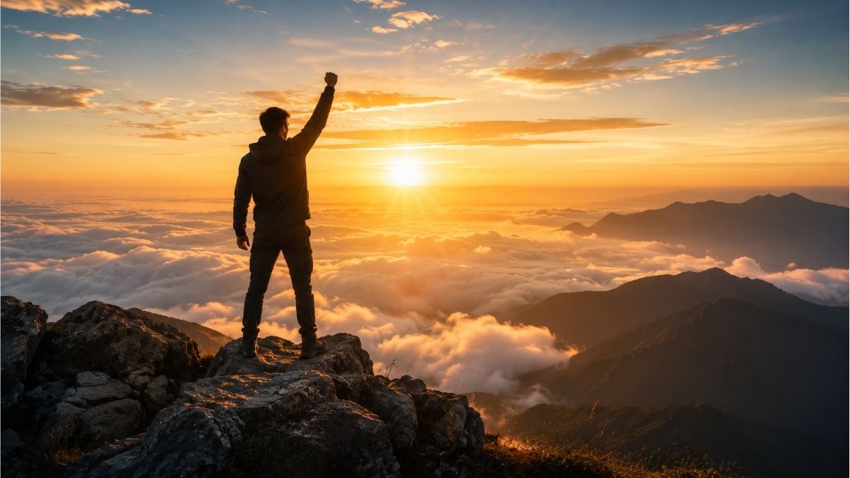 Person standing on a mountain peak at sunrise overlooking a vast landscape, representing success through hard work and goals