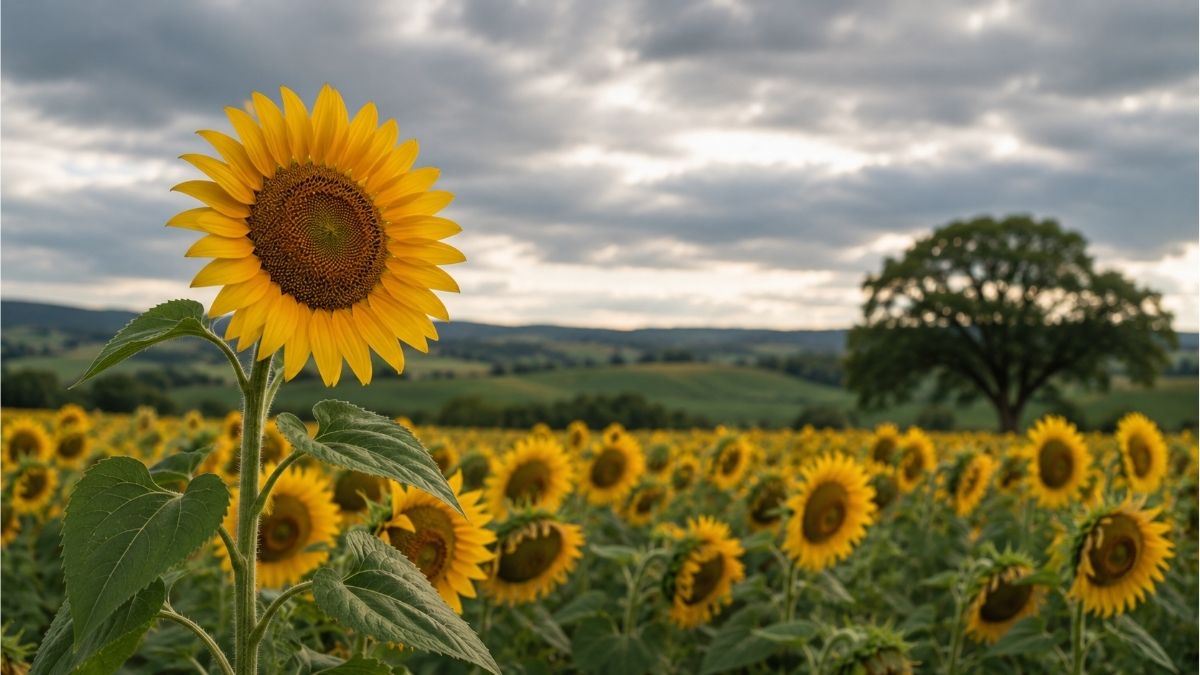 Blooming sunflowers across a peaceful field under soft cloudy skies symbolizing hope, light, love, and growth