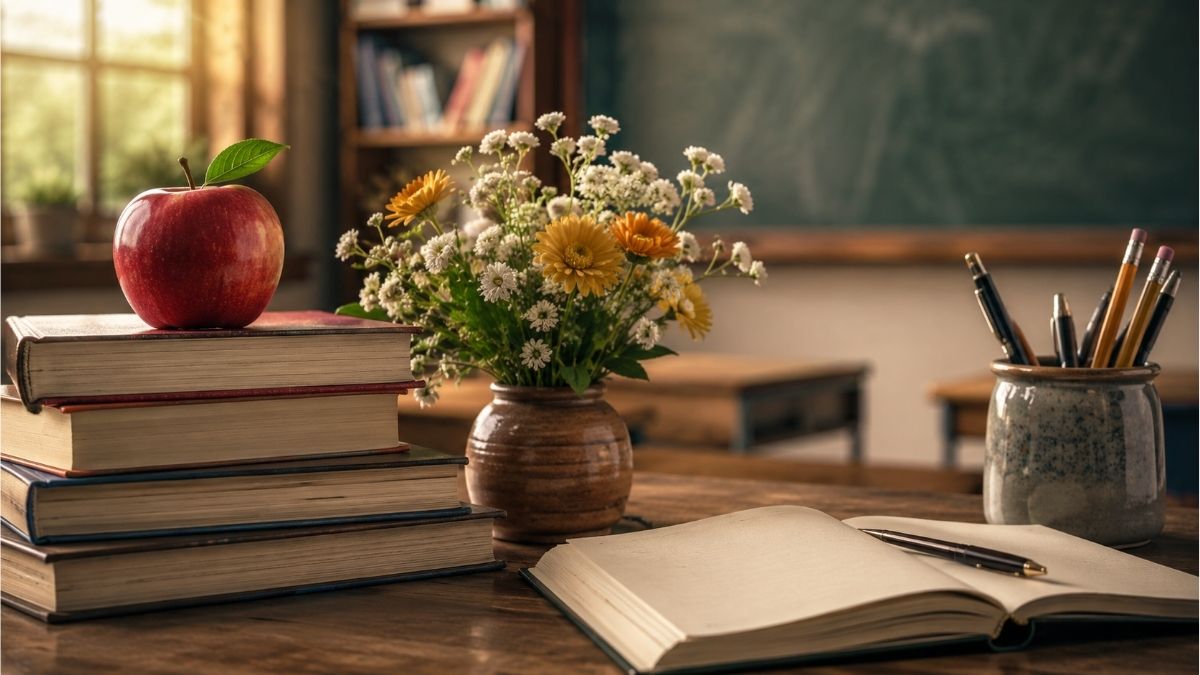 Warm classroom desk with stacked books, a red apple, fresh flowers, and an open notebook symbolizing teacher appreciation poetry