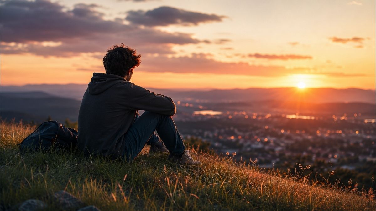 Teenager sitting on a grassy hill at sunset overlooking a peaceful valley, symbolizing growing up and hope