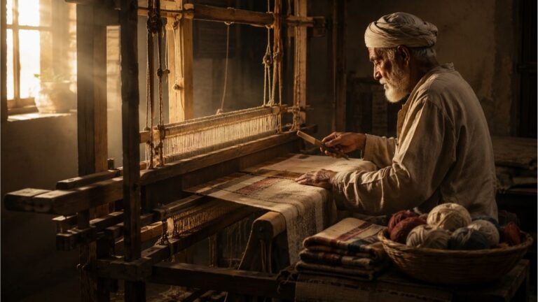 Traditional weaver working at a wooden loom in a sunlit workshop for The Weaver poem analysis