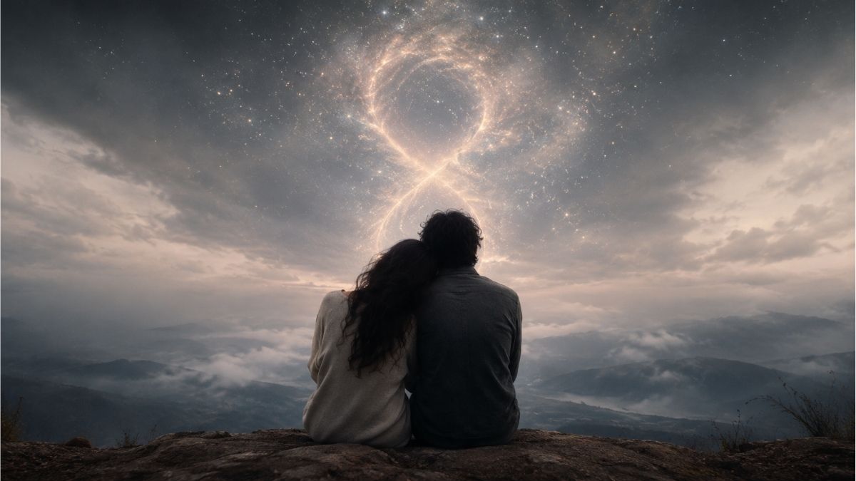 Couple sitting together on a mountain overlooking misty valleys beneath a glowing celestial sky symbolizing twin flame soul connection