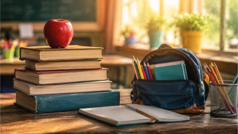 Books, a red apple, school backpack, pencils, and an open notebook on a classroom desk for welcome back to school poems