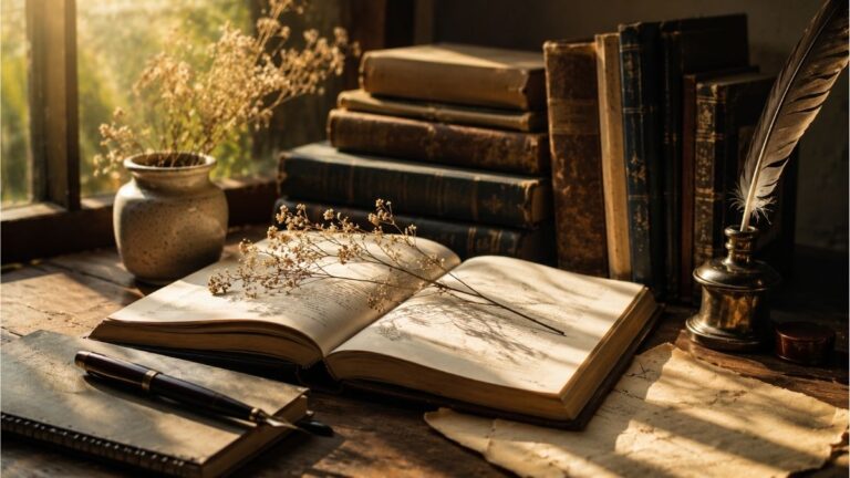 Open poetry book with a fountain pen, vintage books, and dried flowers on a wooden writing desk
