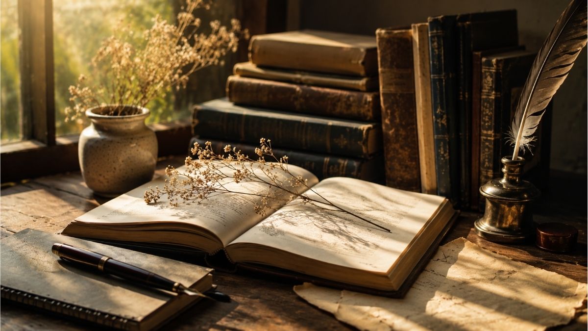 Open poetry book with a fountain pen, vintage books, and dried flowers on a wooden writing desk