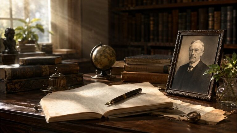 Vintage writing desk with classic books, an open notebook, fountain pen, and a framed portrait inspired by William Arthur Ward poems and inspirational sayings