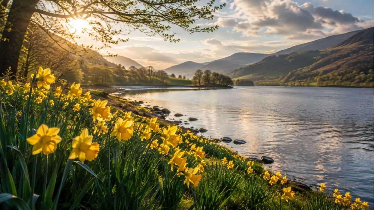 Golden daffodils blooming beside a peaceful lake with rolling hills, reflecting the natural beauty celebrated in William Wordsworth's Daffodil poem