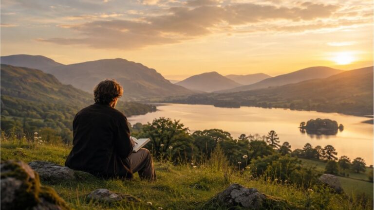 Person reading beside a peaceful lake at sunset with mountains and natural scenery inspired by William Wordsworth's reflections on nature, life, and love